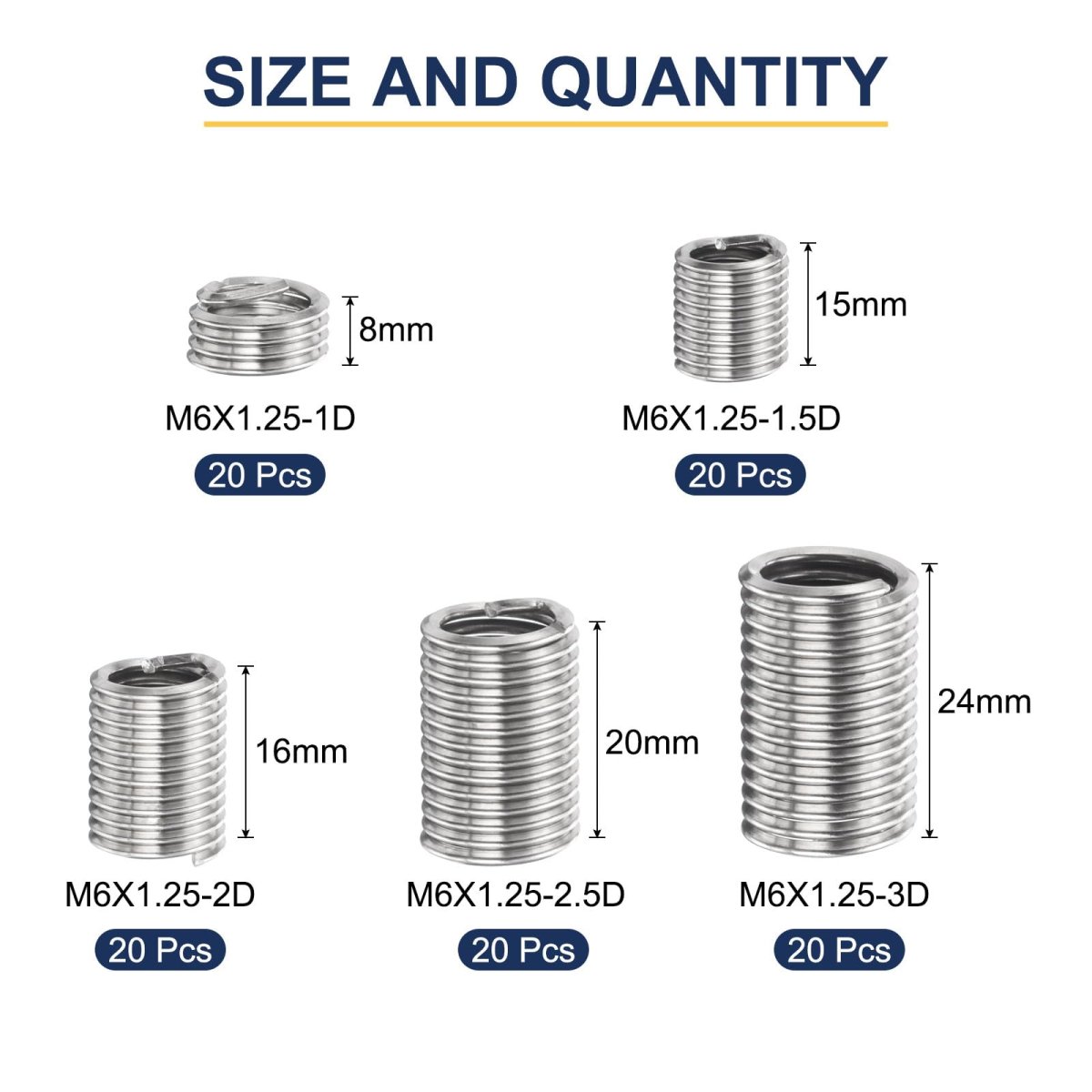 100pcs Wire Thread Insert Kit M6 X 1 1d-3d Metric 304 Stainless Steel Helical Inserts Coiled Repair Screw Threaded Sleeve