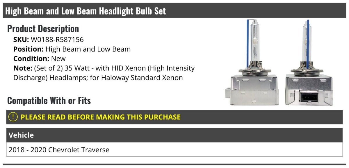 High Beam And Low Headlight Bulb Set Of 2 35 Watt For 2018 To 2020 Chevy Traverse
