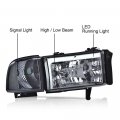 G-plus Headlight Head Lamps Compatible With 1994-2001 Dodge Ram 1500 1994-2002 2500 3500 Smoky Lens Chrome Housing Clear