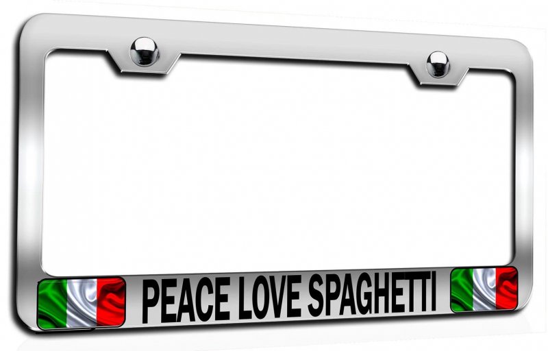 Peace Love Spaghetti Italian Italy Chrome Metal License Plate Frame Universal Fit Heavy Duty Steel Tag Holder For Us And Canada