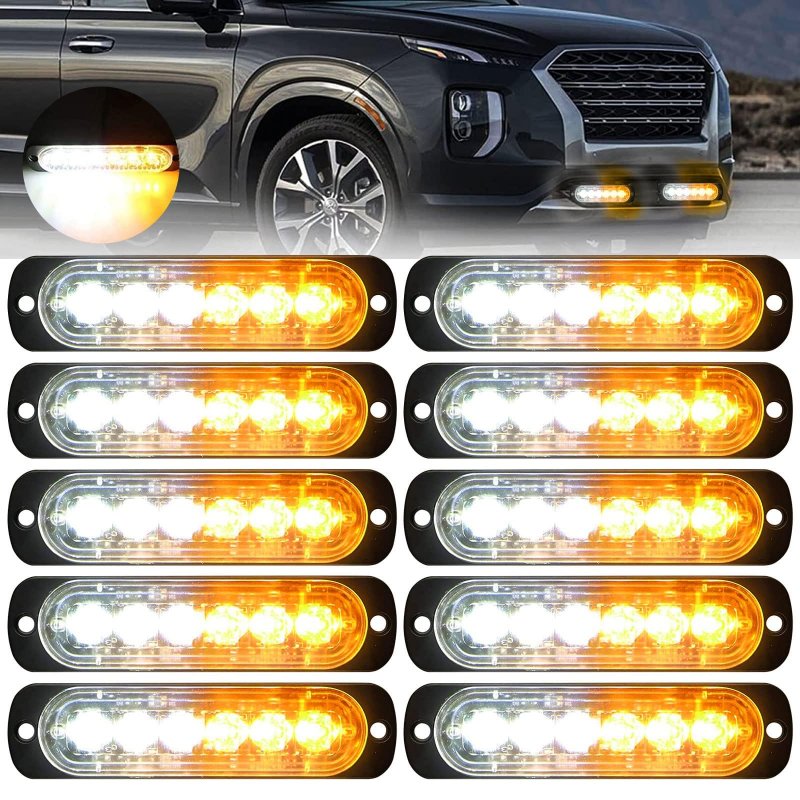 Eeekit 10 Pack Led Emergency Strobe Lights Amber White 6 Warning Flashing Caution Construction Hazard Light Bar For Car Truck