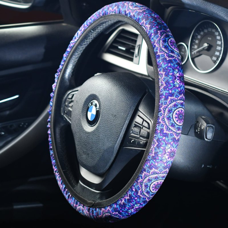 Mandala Purple Lotus Steering Wheel Cover Set With 2 Car Cup Coasters And Keyring Non Slip Neoprene Universal Fit 14 To 15 5 In