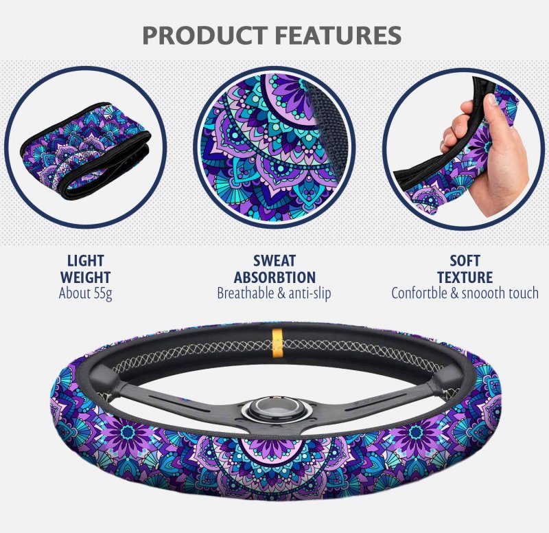 Mandala Purple Lotus Steering Wheel Cover Set With 2 Car Cup Coasters And Keyring Non Slip Neoprene Universal Fit 14 To 15 5 In