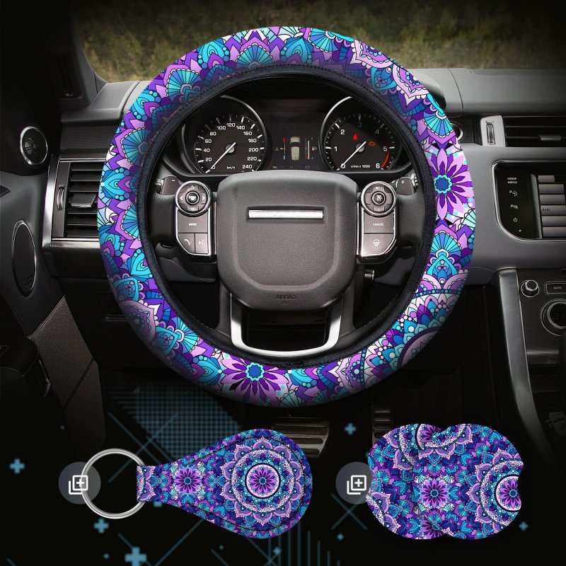 Mandala Purple Lotus Steering Wheel Cover Set With 2 Car Cup Coasters And Keyring Non Slip Neoprene Universal Fit 14 To 15 5 In
