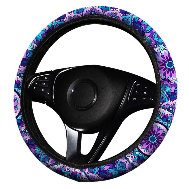 Mandala Purple Lotus Steering Wheel Cover Set With 2 Car Cup Coasters And Keyring Non Slip Neoprene Universal Fit 14 To 15 5 In