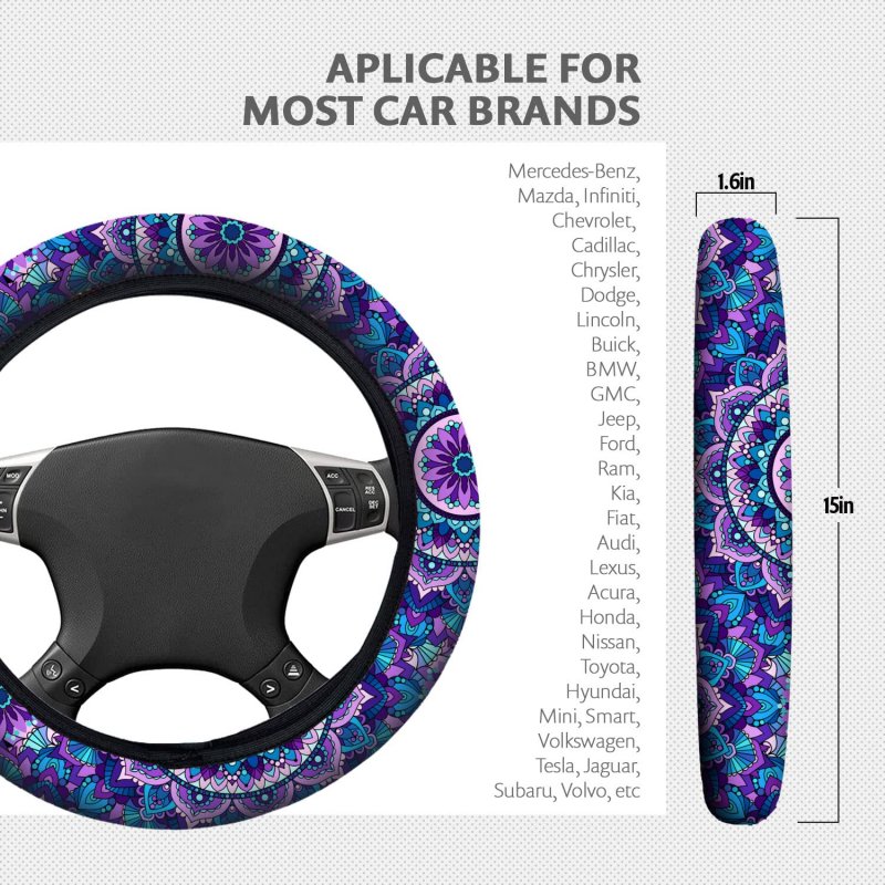 Mandala Purple Lotus Steering Wheel Cover Set With 2 Car Cup Coasters And Keyring Non Slip Neoprene Universal Fit 14 To 15 5 In