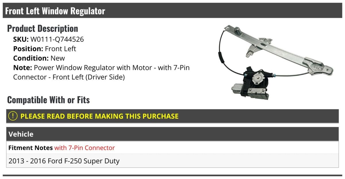Front Left Driver Side Power Window Regulator Assembly With Motor 7 Pin Connector For 2013 2016 Ford F 250 Super Duty