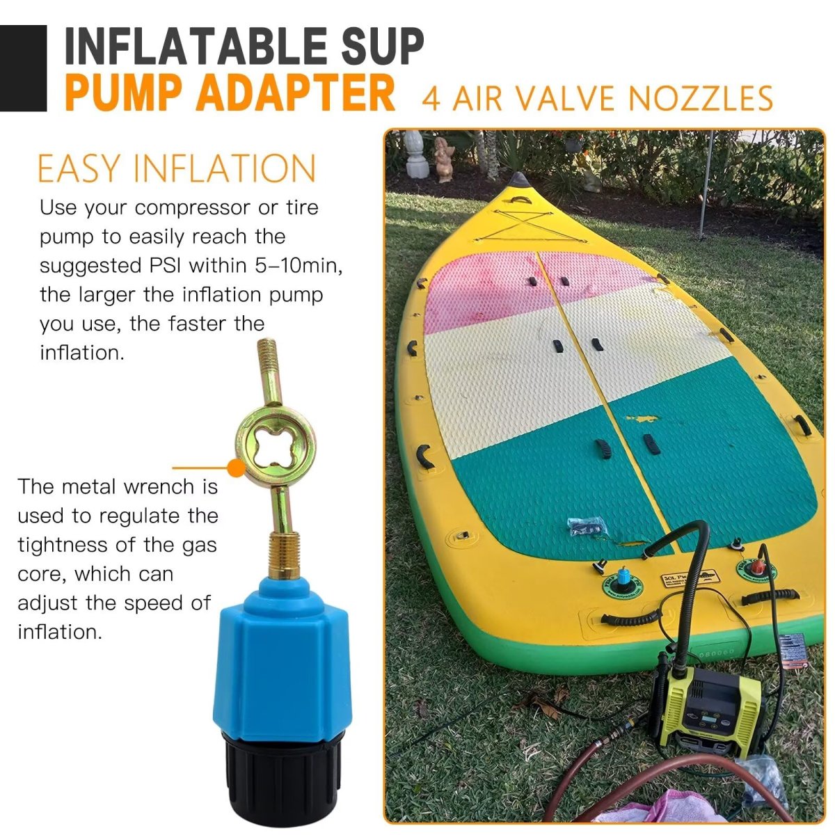 Blue Inflatable Pump Adaptor Compressor Paddle Board Adapter Multifunction Valve W 4 Air Nozzles For Boat Stand Up Inflatable