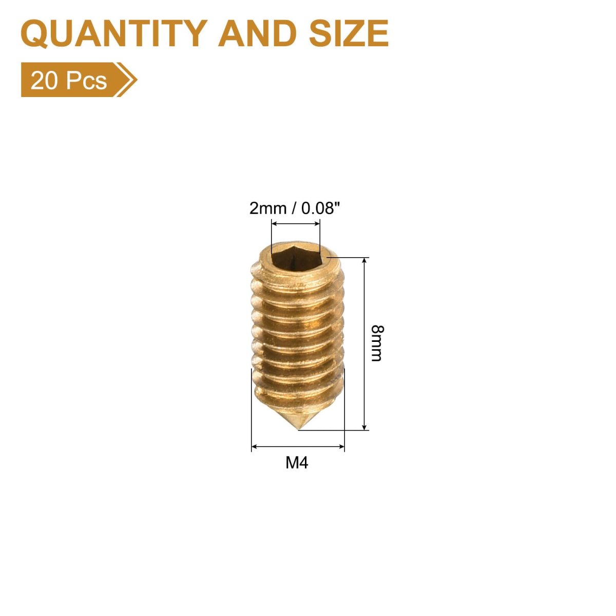 20pcs Set Screws M4x8mm Brass Cone Point Hex Socket Grub For Machinery Home Repairs And Fixtures Gold Tone