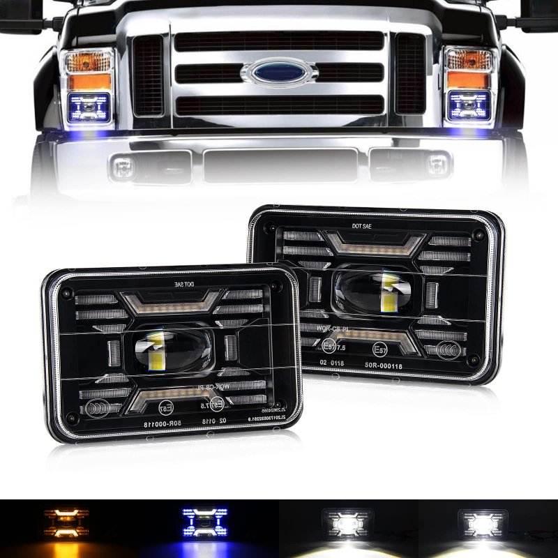 4x6 Led Headlight With White Blue Drl Halo Amber Yellow Turn Signal Light 80w Square Inch Headlights For Peterbilt Kenworth