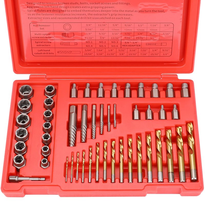Screw Extractor Drill Bit Set 39 Piece Nut Remover With Multi Spline And Spiral Extractors Left Hand Cobalt Bits 3 8 In Hex