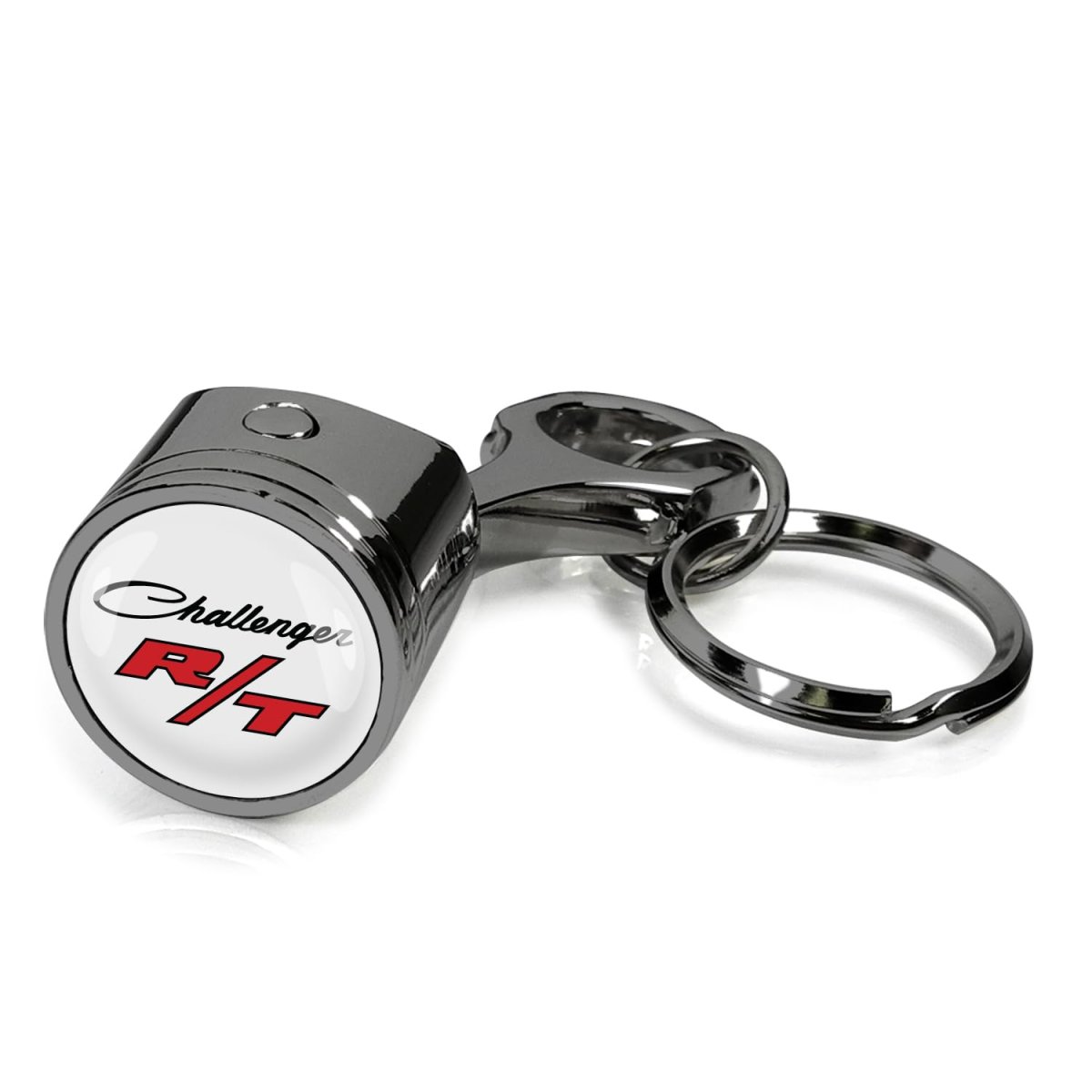 Dodge Challenger R T Classic Logo Engine Piston And Rod Metal Key Chain Black Chrome Finish With White 2 5 In X 0 75 Size