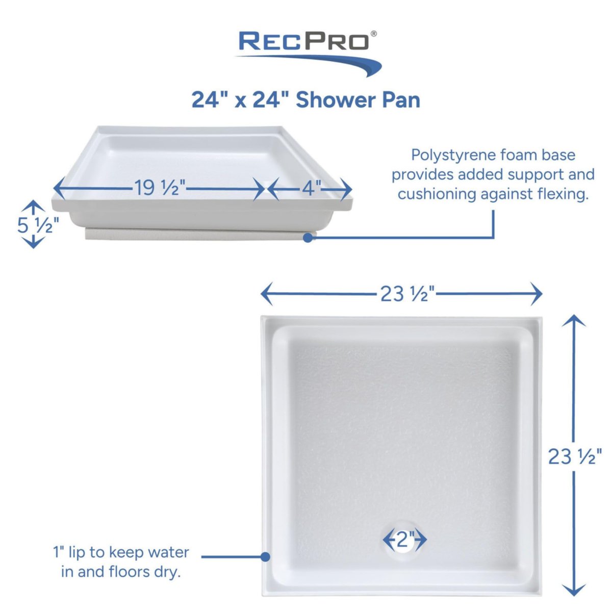 Recpro Rv Shower Pan 24a X Square Polar White Plastic Base With Front Center Drain Slip-resistant Textured Floor Foam Support