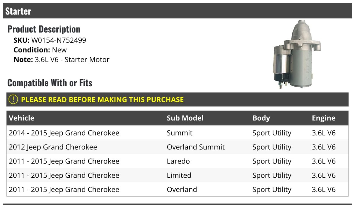 Starter For 2011-2015 Jeep Grand Cherokee Sport Utility 3 6l V6
