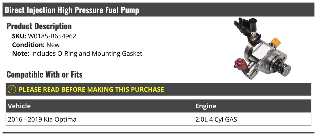 Direct Injection High Pressure Fuel Pump For 2016-2019 Kia Optima 2 0l 4-cylinder Gas