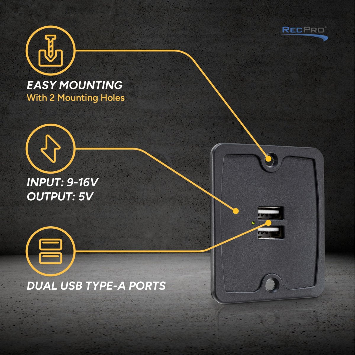 Rv Usb Charger Outlet Two Ports With Led Indicator 9-16v Input 5v Output 2 4 Amp Rectangular Black Rp-1982