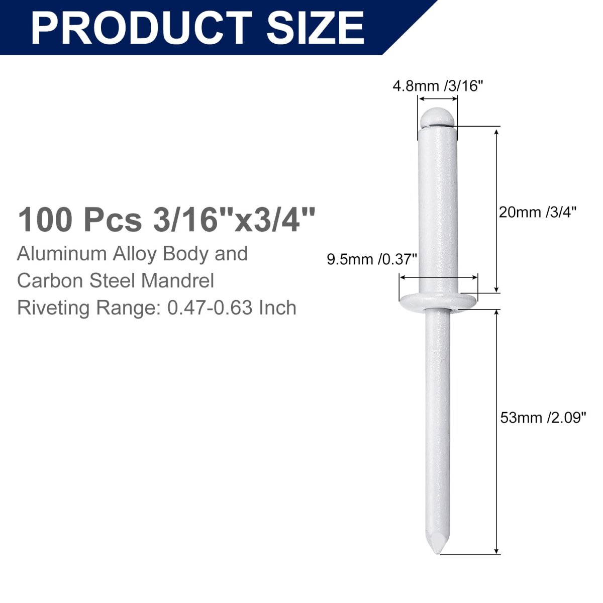 100pcs 3 16 X3 4 Aluminum Blind Rivets Grip And Steel Mandrel Dome Head Long Split For Metal Furniture Automotive White