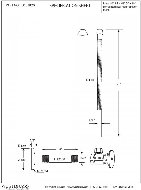 Westbrass D103k20-12 1 2 Ips X 3 8 Od 20 Corrugated Riser Supply Line Kit With Round Handle Angle Shut Off Valve For Faucet And