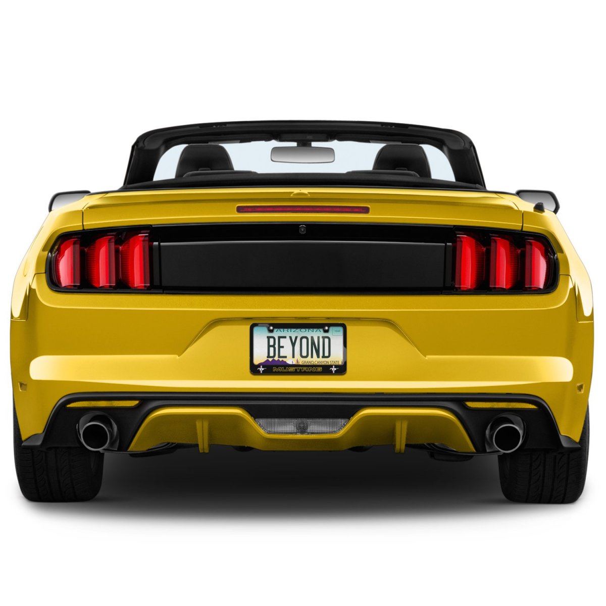 Ford Mustang Outline In Yellow Dual Logos Black Metal License Plate Frame