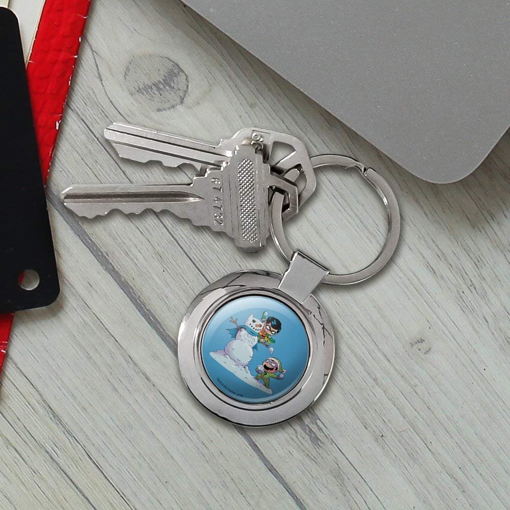 Robin And Riddler Snowball Fight Keychain Round Chrome Plated Metal Batman Official Product Onesize
