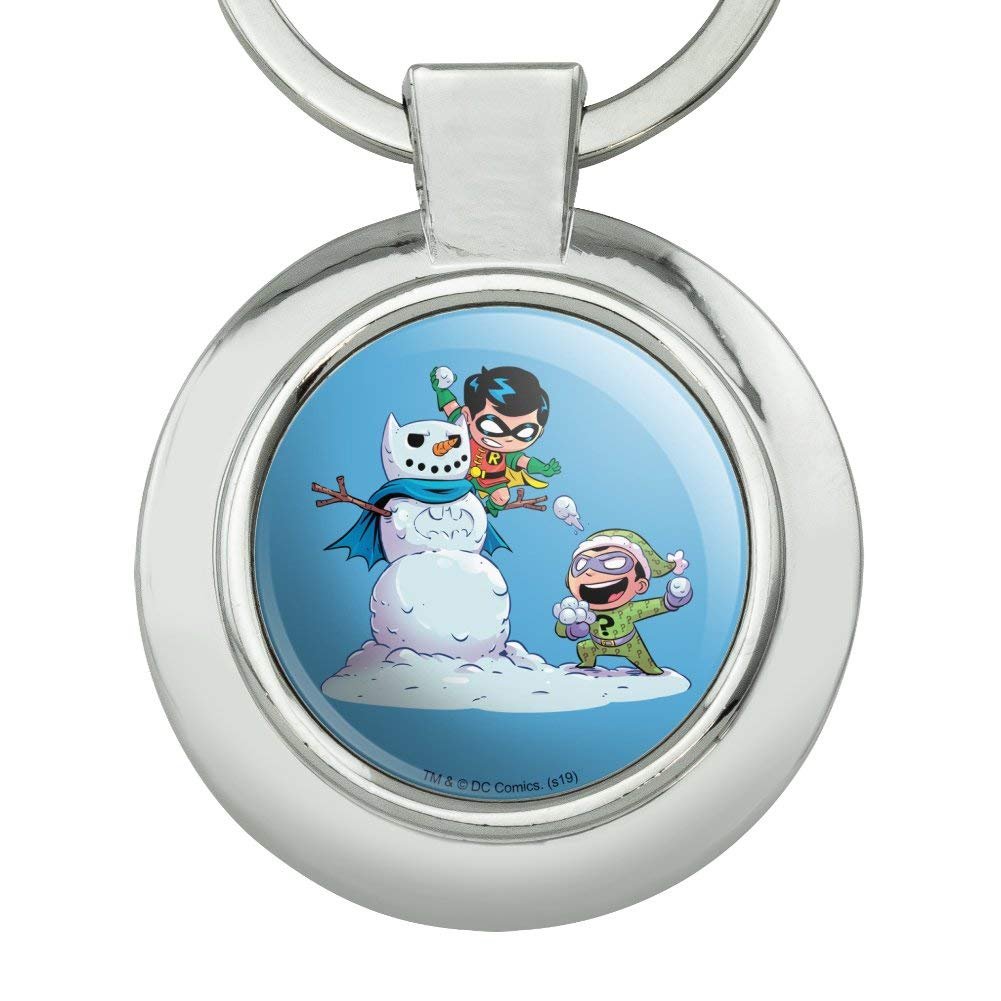 Robin And Riddler Snowball Fight Keychain Round Chrome Plated Metal Batman Official Product Onesize