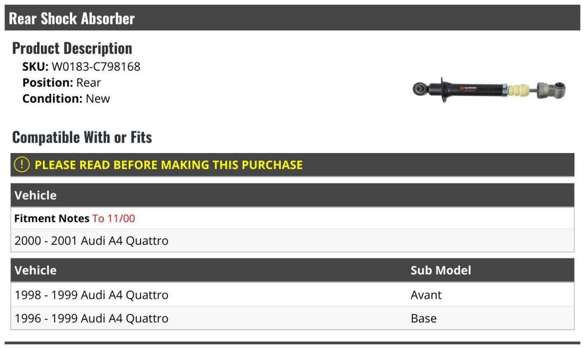 Rear Shock Absorber For 1996 To 2001 Audi A4 Quattro Fits Up November 2000 Avant And Base Models W0183-c798168