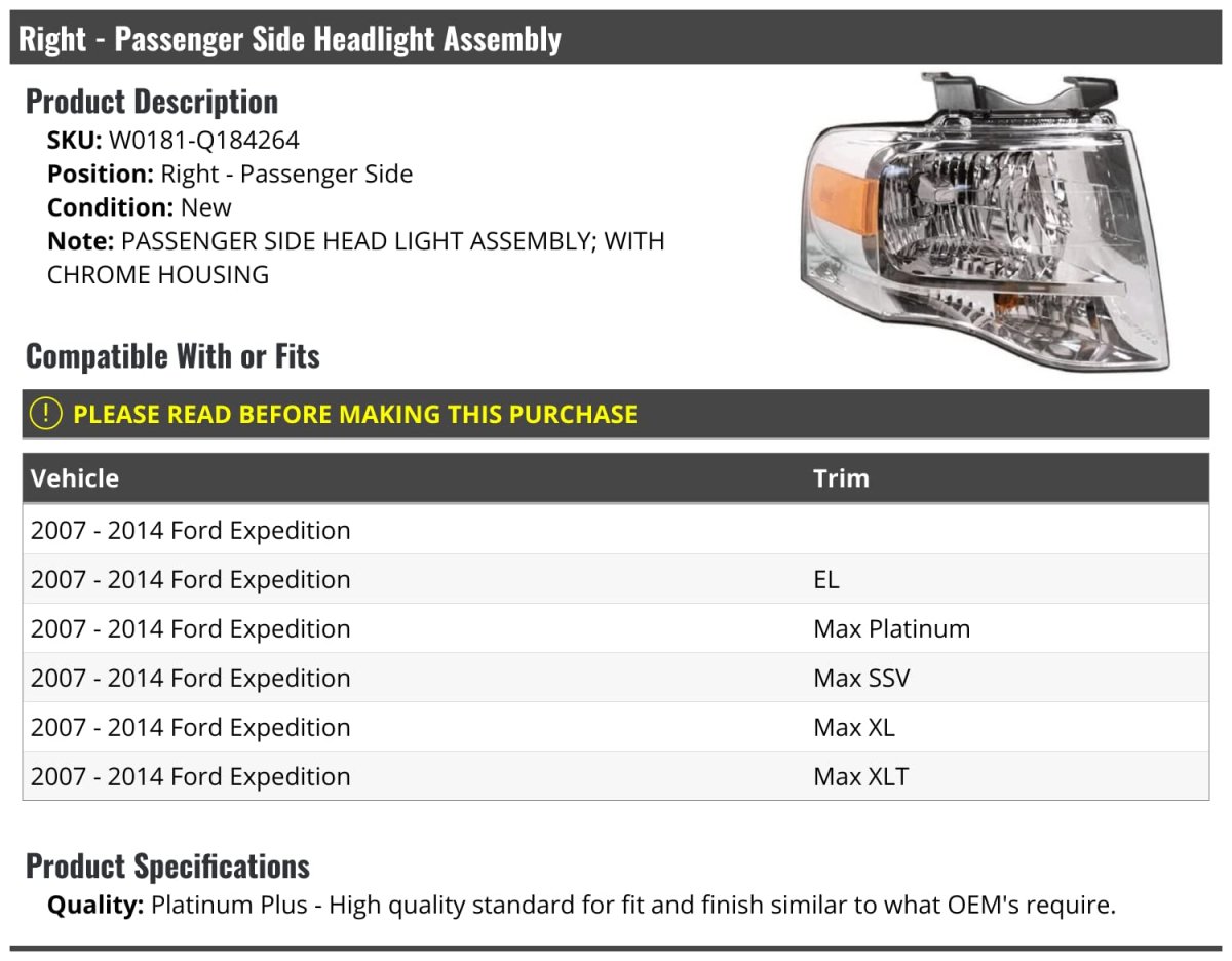 Right Passenger Side Headlight Assembly With Chrome Housing For 2007-2014 Ford Expedition