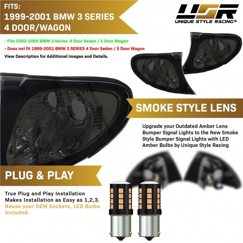 Smoke Lens Corner Lights With Canbus Led Bulbs For 2002 To 2005 Bmw E46 3 Series 4 Door Sedan And 5 Wagon Left Right Set