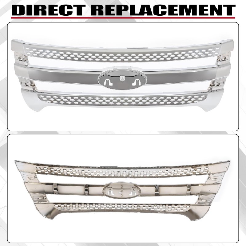 Hecasa Front Grille Insert For 2011-2015 Ford Explorer Overlay Trim Cover Grill Snap On Chrome Silvery
