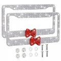 Bling License Plate Frame 2 Pack With Ribbon Bow Shiny Rhinestone Stainless Steel Holder Anti Theft Screw Caps White Red Bowtie 