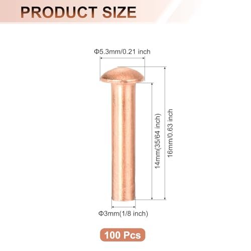 100 Pcs Copper Solid Rivets 1 8 X 35 64 Round Head Rivet Metal Fasteners Stud For Electrical Applications Finish Tone