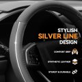 14 1 2 To 15 Inches Microfiber Leather Steering Wheel Cover With Stylish Silver Strip Anti-slip Inner Rubber Lining Universal