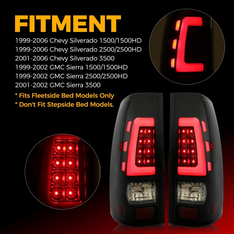 Taillight For 1999-2006 Chevy Silverado 1999-2002 Gmc Sierra 1500 2500 3500 Led Tube Bar Tail Lights Lamp Smoked Lens Black