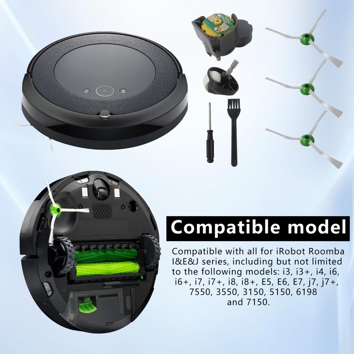Side Brush Motor Module Replacement Kit With 2 Pack Brushes And Front Caster Wheel Compatible For I-robot Roomba I E J Series