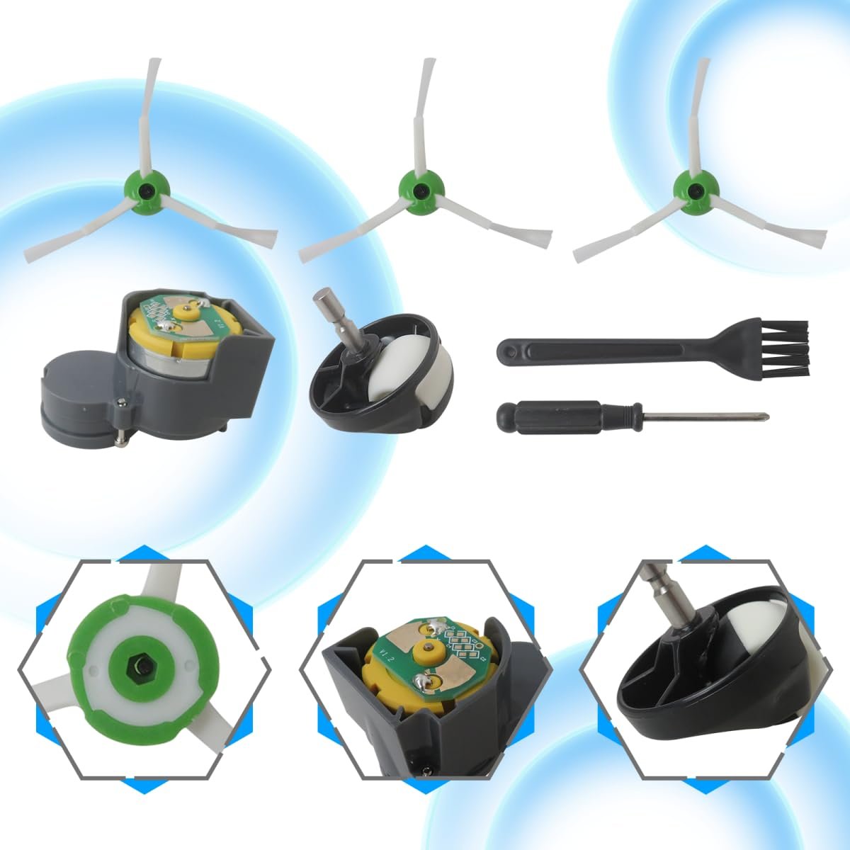 Side Brush Motor Module Replacement Kit With 2 Pack Brushes And Front Caster Wheel Compatible For I-robot Roomba I E J Series