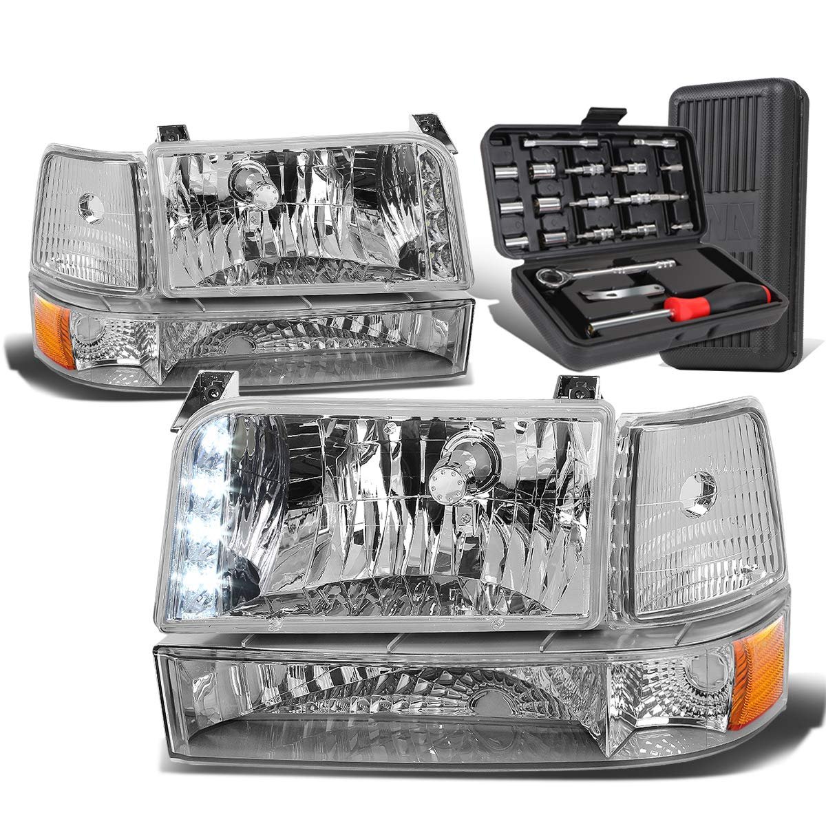 Auto Dynasty Led Chrome Housing Amber Side Headlight W Bumper Lamps Tool Kit Compatible With Ford F-150 F-250 F-350 92-96