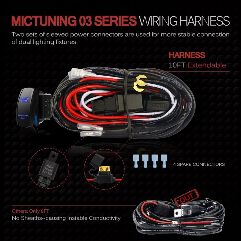 Mictuning Led Light Bar Wiring Harness Fuse 40a Relay On-off Rocker Switch Blue 2 Lead