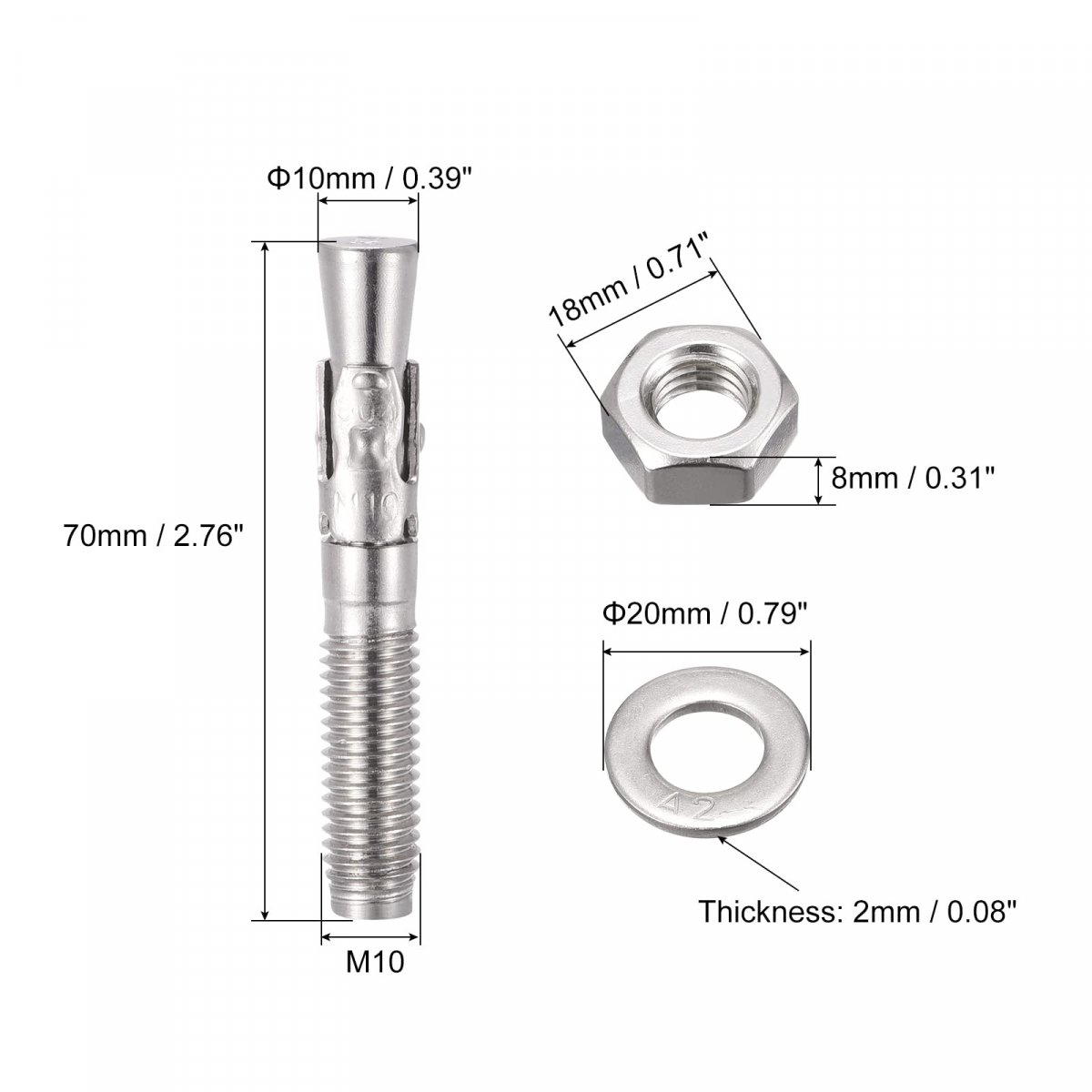 M10x70mm 304 Stainless Steel Expansion Bolt Screw For Concrete 5pcs