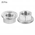 Uxcell M10x1 25mm Serrated Flange Hex Lock Nuts 25pcs 304 Stainless Steel Non-slip Metric Hexagon Nut Full Thread Bright Finish
