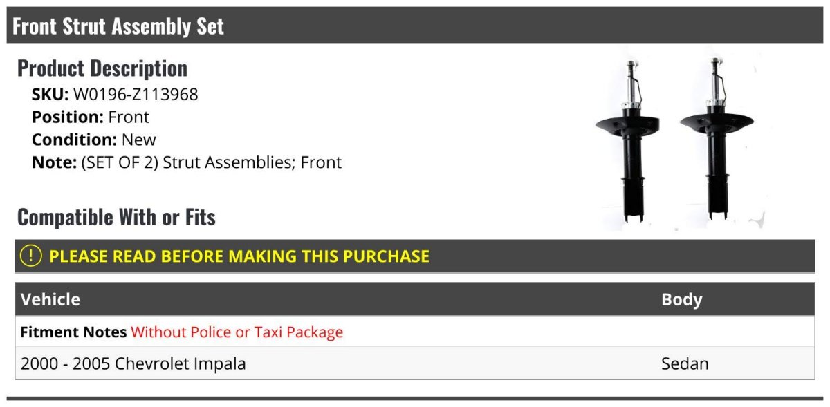 Front Strut Assembly Set Of 2 For 2000-2005 Chevy Impala Sedan Without Police Or Taxi Package