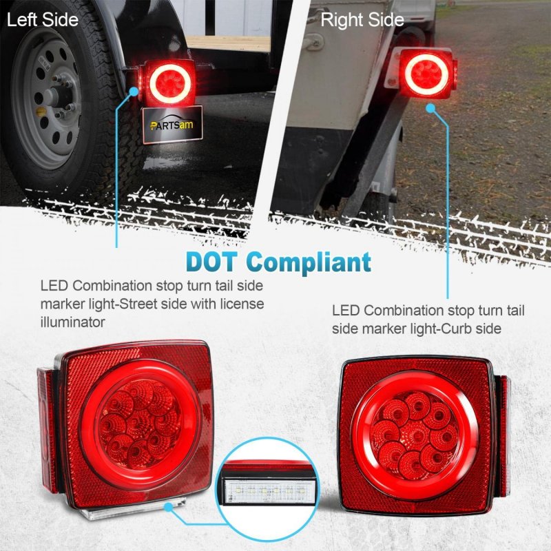 Partsam Pair Slim Square Led Trailer Light Kit Halo Glow Submersible Tail Lights 72leds 2835 Smd Stop Turn Signal Lamps For
