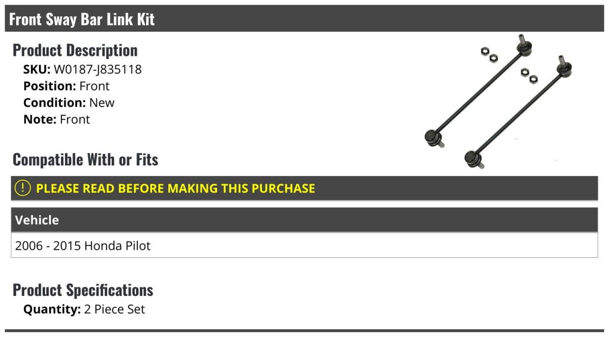 Front Sway Bar Link Kit 2 Piece Set For 2006 To 2015 Honda Pilot Position W0187-j835118