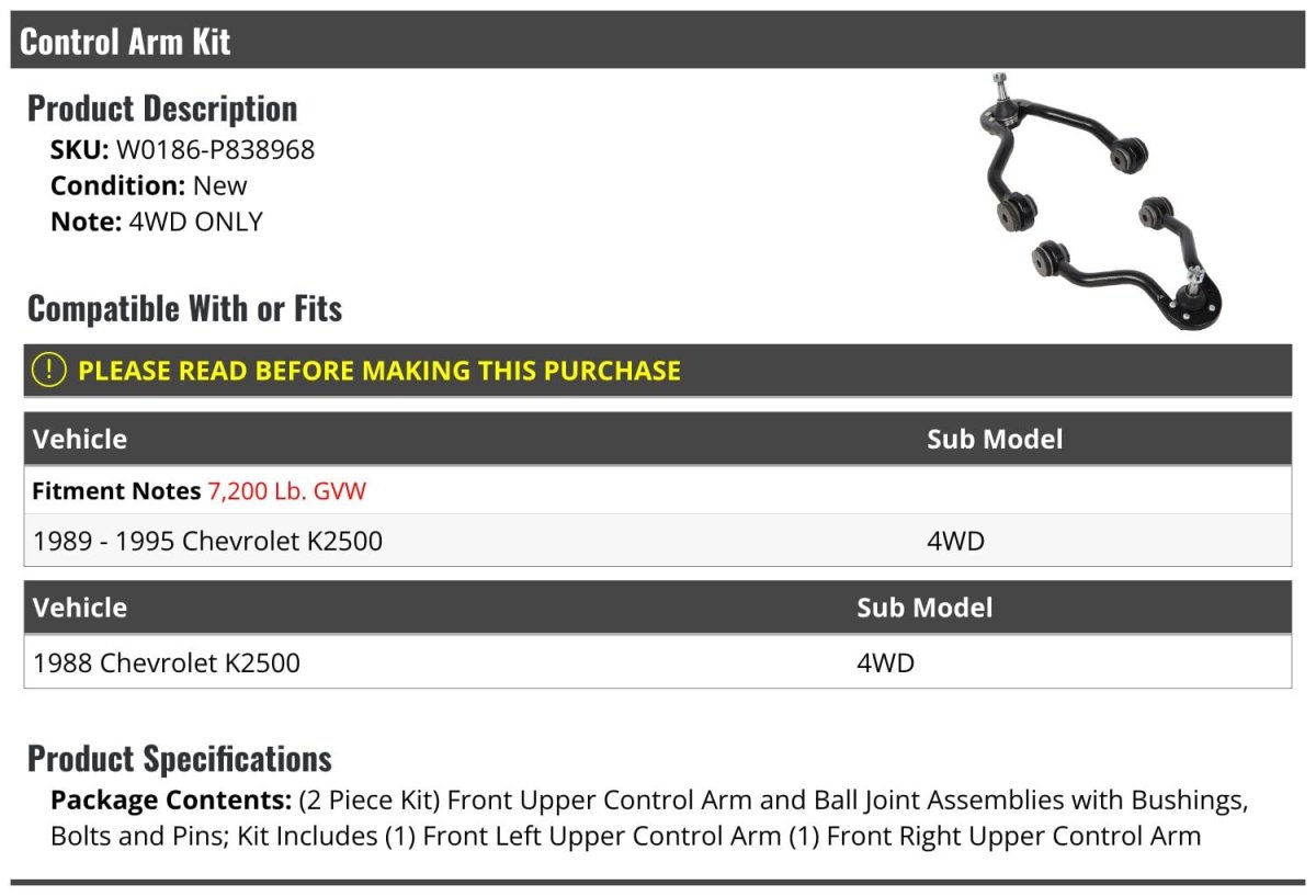Front Upper Control Arm And Ball Joint Kit 2 Piece For 1988-1995 Chevy K2500 4wd
