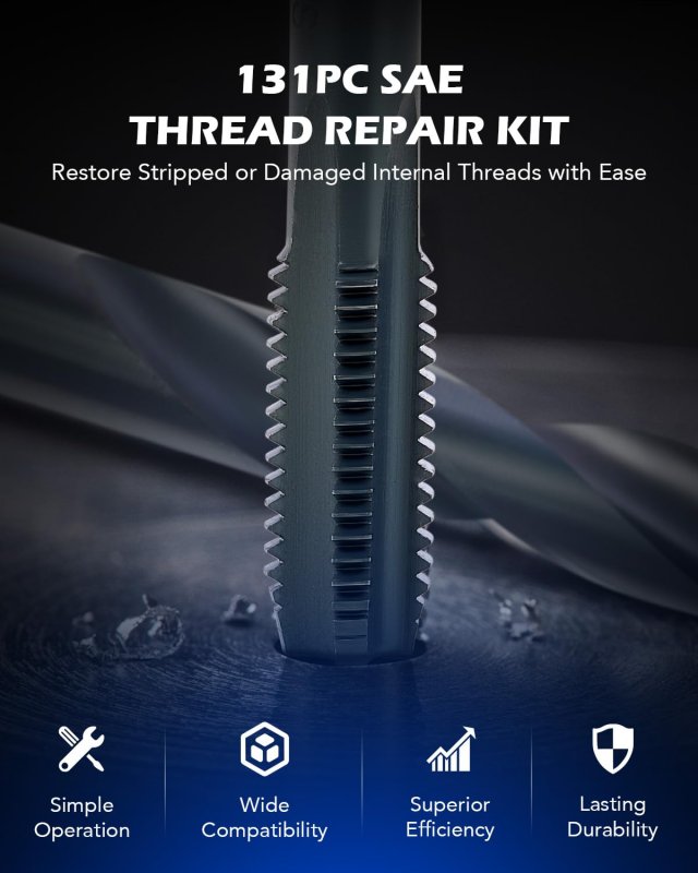 Sae Thread Repair Kit 172pc Restorer Set With 4 In 5 16 3 8 7 1 2 Sizes Heat Treated Steel Stripped Fixer For Automotive