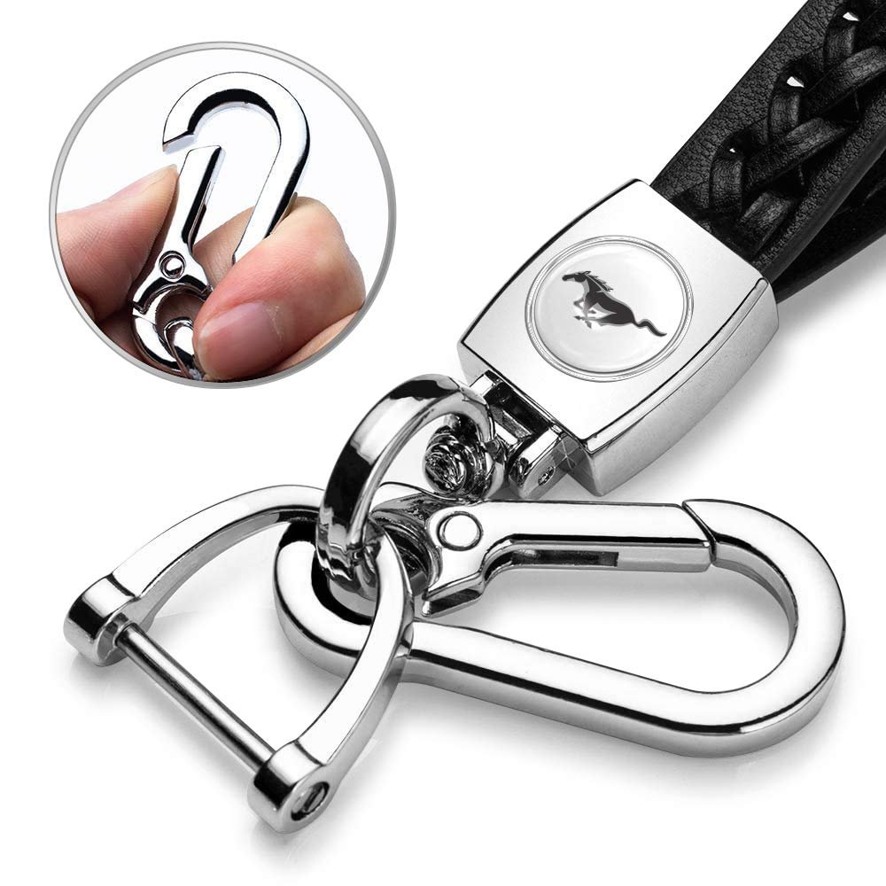Ford Mustang Genuine Black Leather Key Chain White Braided Rope Style Elegant Logo 5 In Long Unisex Adult Accessory