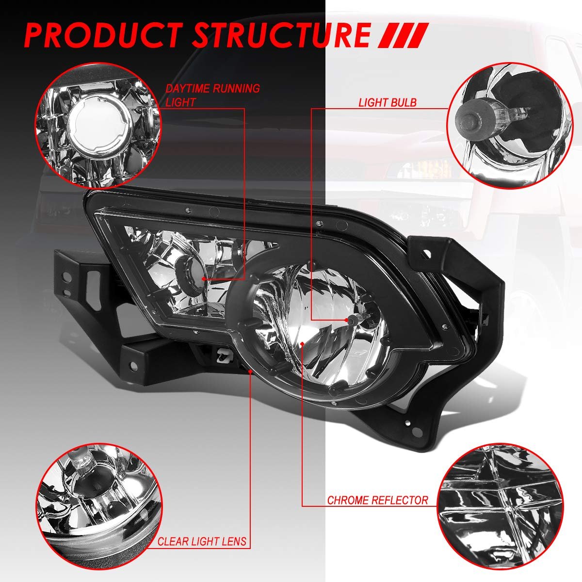 Fog Light Assembly For 2002 2006 Chevy Avalanche 1500 2500 Driver Side Clear Lens Fits Models With Cladding Halogen 880 Bulb