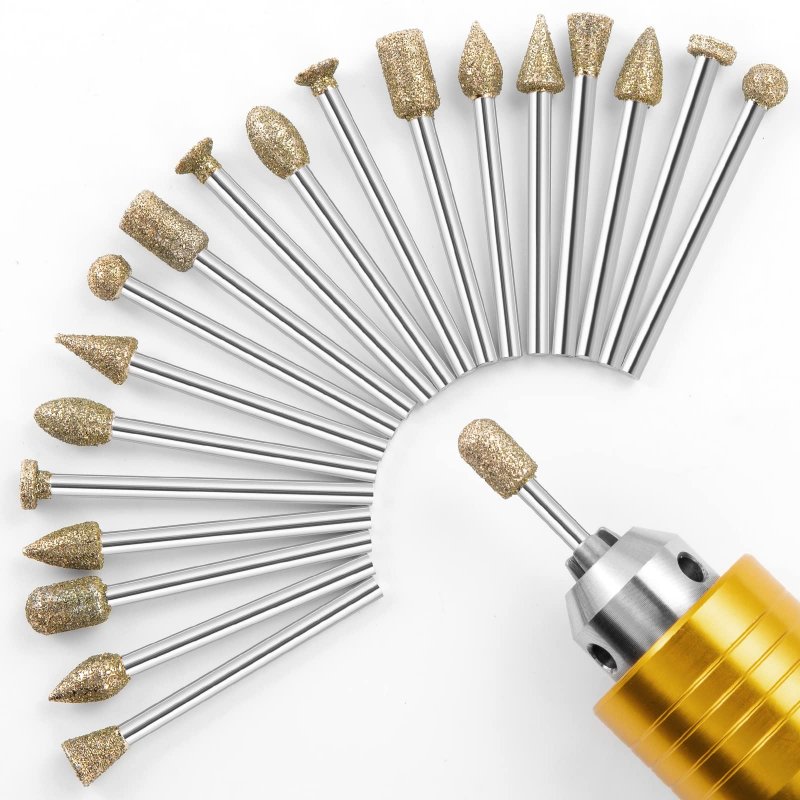 Diamond Grinding Burr Bit Seti 20pcs Rotary Tool Accessories Stone Carving Set With 1 8 Inch Shank For Ceramic Glass Polishing
