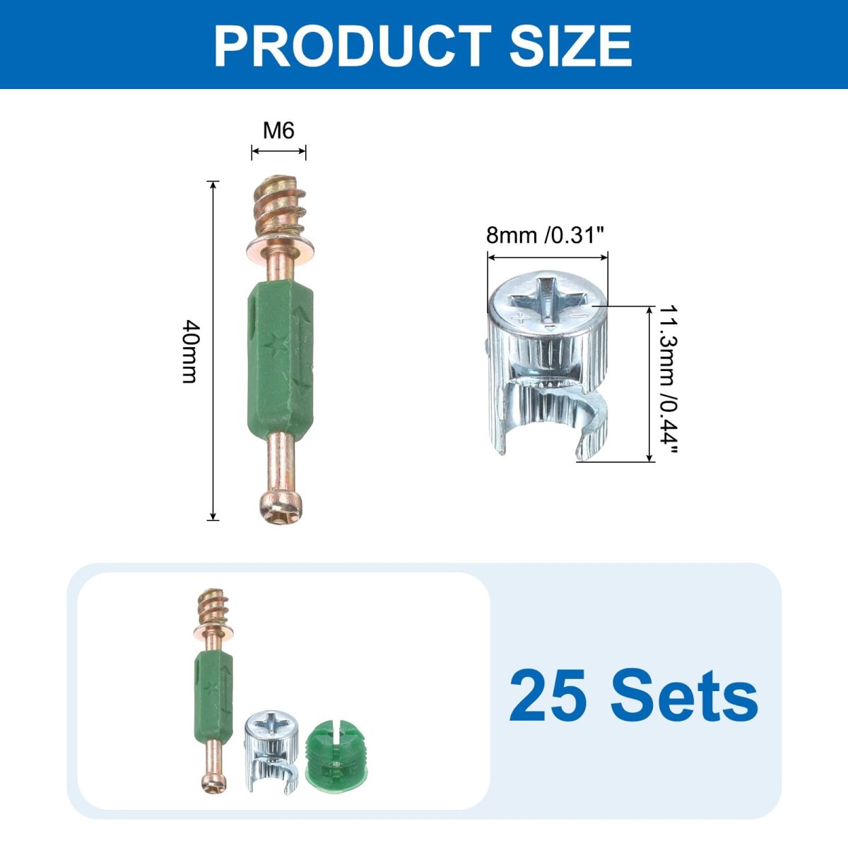 25set Furniture Connectors Kit 8x11 3mm Cam Lock Fitting With M6x40mm Dowel Fasteners 3-in-1 Fixing Screws Set For Splicing