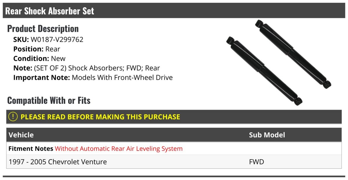 Rear Shock Absorber Set 2 Piece For 1997-2005 Chevy Venture Fwd Without Automatic Air Leveling System