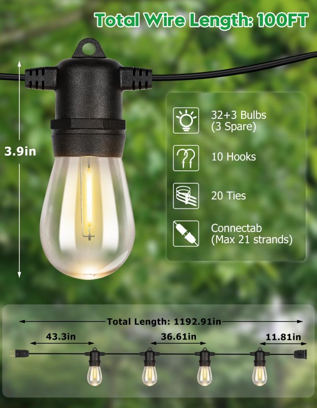 Tdlol Outdoor String Lights Waterproof 100ft Patio With 35 Shatterproof Sockets Connectable Hanging Ip55 Commercial Grade Led